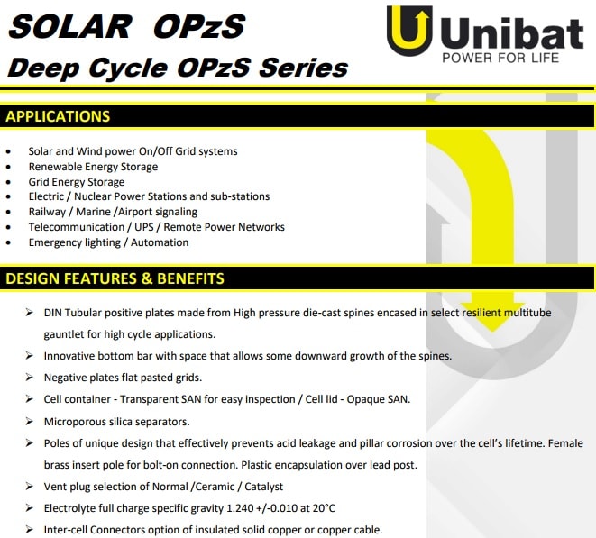 μπαταρίες unibat solar opzs